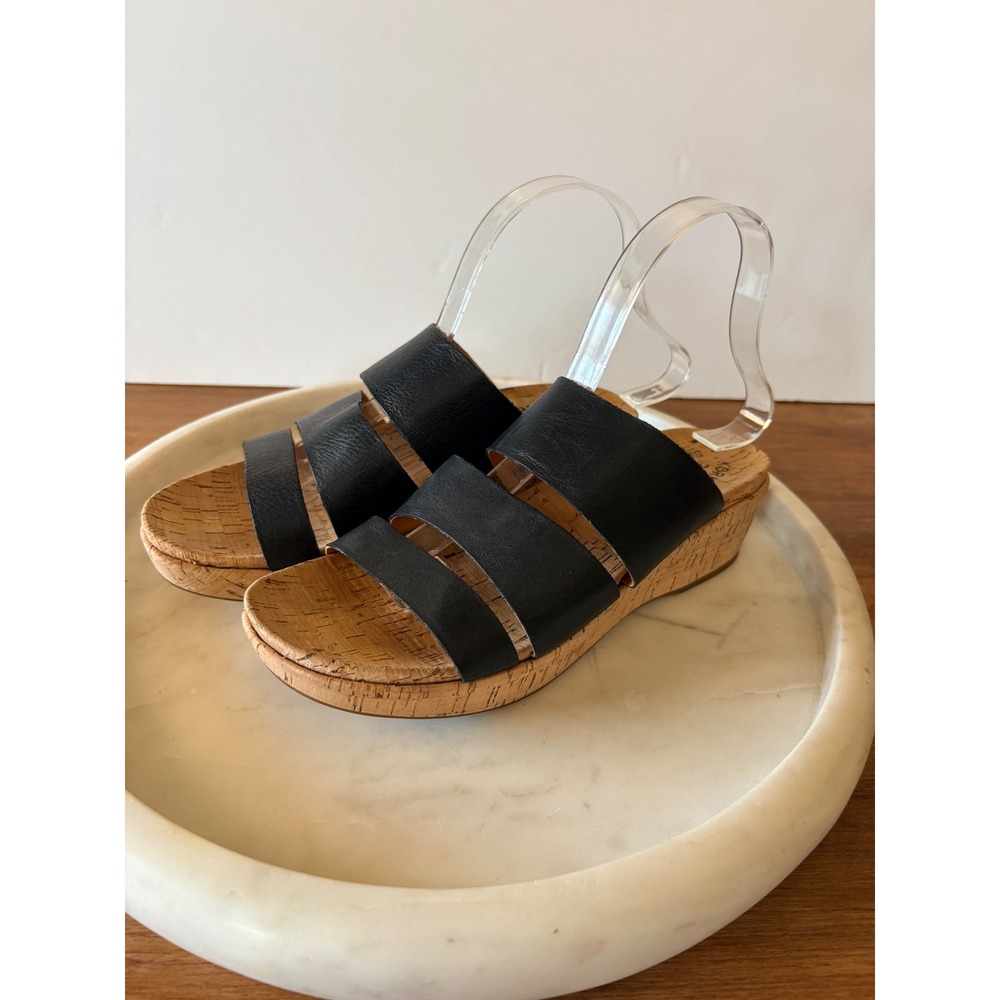 Kork-Ease Womens Black Leather Three Strap Cork Wedge slide Sandals K45503 Sz 8M